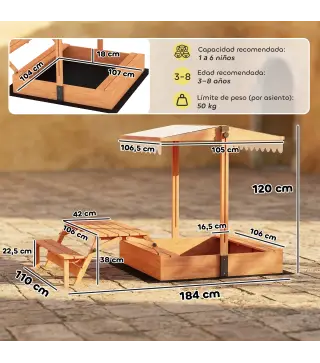 Arenero para Niños de Madera con Toldo Ajustable Mesa de Picnic con Bancos 6 Niños de 3-8 Años 184x110x120 cm Marrón