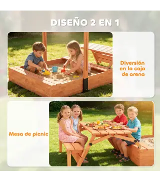 Arenero para Niños de Madera con Toldo Ajustable Mesa de Picnic con Bancos 6 Niños de 3-8 Años 184x110x120 cm Marrón
