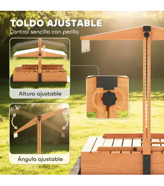 Arenero para Niños de Madera con Toldo Ajustable Mesa de Picnic con Bancos 6 Niños de 3-8 Años 184x110x120 cm Marrón