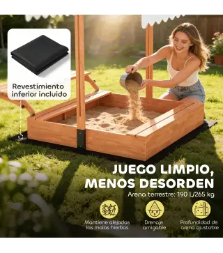 Arenero para Niños de Madera con Toldo Ajustable Mesa de Picnic con Bancos 6 Niños de 3-8 Años 184x110x120 cm Marrón