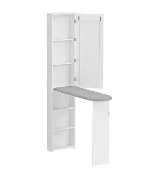 Mueble de Plancha con Espejo Tabla de Planchar Plegable 6 Compartimentos 2 Ganchos 107x35x174 cm Blanco