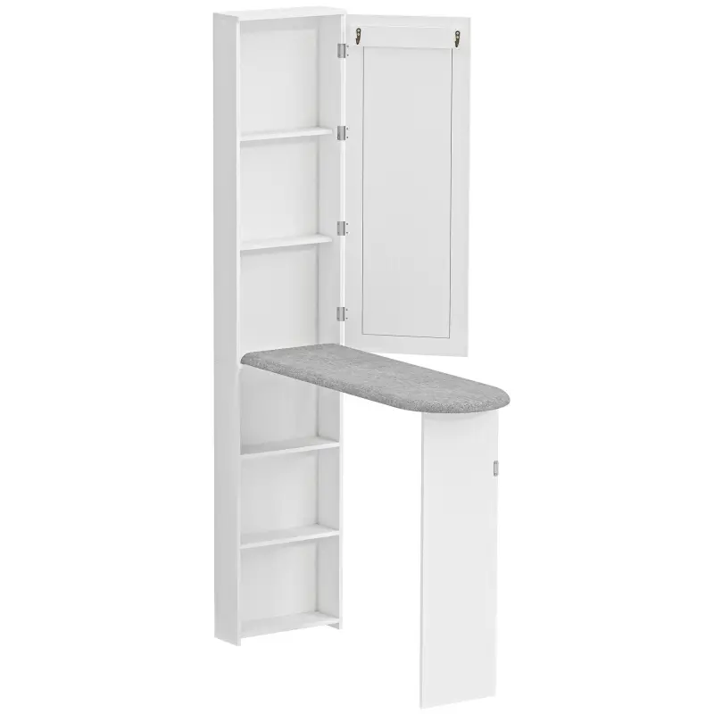 Mueble de Plancha con Espejo Tabla de Planchar Plegable 6 Compartimentos 2 Ganchos 107x35x174 cm Blanco