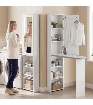 Mueble de Plancha con Espejo Tabla de Planchar Plegable 6 Compartimentos 2 Ganchos 107x35x174 cm Blanco