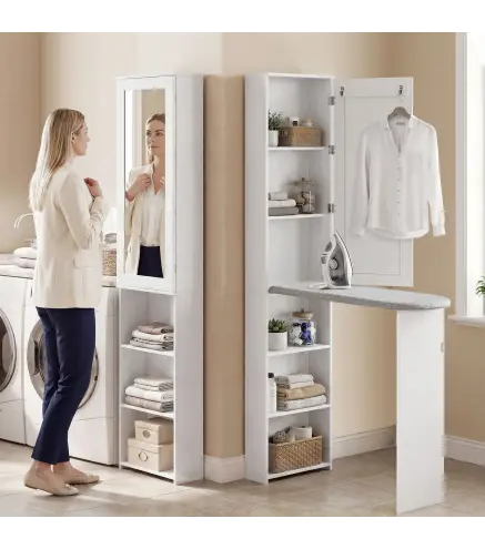 Mueble de Plancha con Espejo Tabla de Planchar Plegable 6 Compartimentos 2 Ganchos 107x35x174 cm Blanco