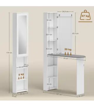 Mueble de Plancha con Espejo Tabla de Planchar Plegable 6 Compartimentos 2 Ganchos 107x35x174 cm Blanco
