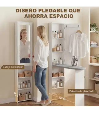 Mueble de Plancha con Espejo Tabla de Planchar Plegable 6 Compartimentos 2 Ganchos 107x35x174 cm Blanco