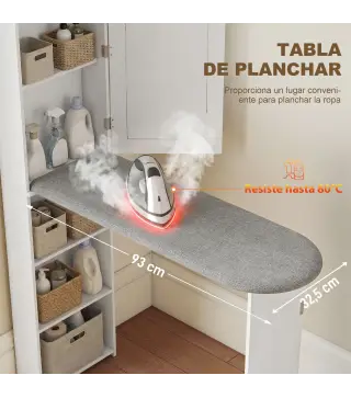Mueble de Plancha con Espejo Tabla de Planchar Plegable 6 Compartimentos 2 Ganchos 107x35x174 cm Blanco