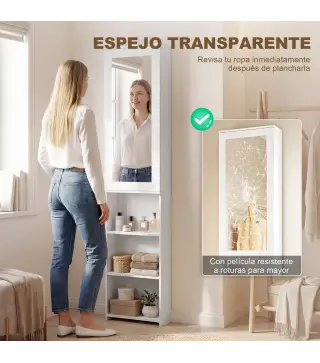 Mueble de Plancha con Espejo Tabla de Planchar Plegable 6 Compartimentos 2 Ganchos 107x35x174 cm Blanco