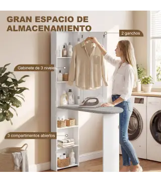 Mueble de Plancha con Espejo Tabla de Planchar Plegable 6 Compartimentos 2 Ganchos 107x35x174 cm Blanco