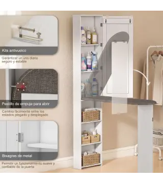 Mueble de Plancha con Espejo Tabla de Planchar Plegable 6 Compartimentos 2 Ganchos 107x35x174 cm Blanco