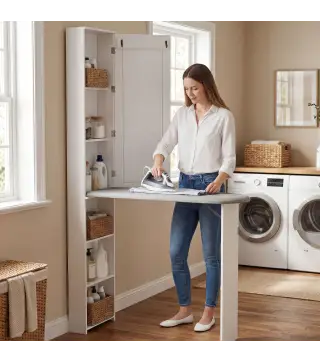 Mueble de Plancha con Espejo Tabla de Planchar Plegable 6 Compartimentos 2 Ganchos 107x35x174 cm Blanco