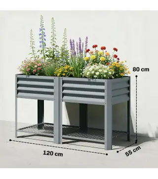 Huerto Urbano Elevado con Estante Inferior Mesa de Cultivo de Metal Galvanizado con Forro 120x55x80 cm Gris Plateado