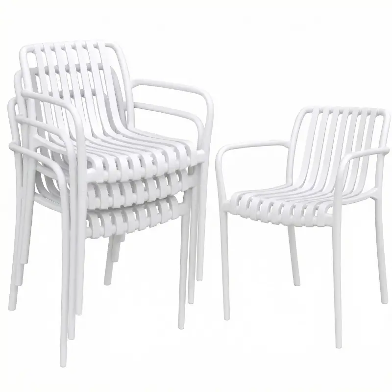 Juego de 4 Sillas de Jardín Exterior Apilables de PP con Respaldo Curvado Asiento de Listones 55x58,5x81,5 cm Blanco