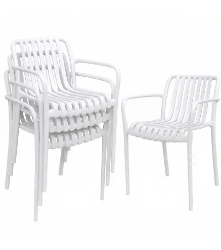 Juego de 4 Sillas de Jardín Exterior Apilables de PP con Respaldo Curvado Asiento de Listones 55x58,5x81,5 cm Blanco