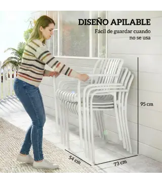 Juego de 4 Sillas de Jardín Exterior Apilables de PP con Respaldo Curvado Asiento de Listones 55x58,5x81,5 cm Blanco