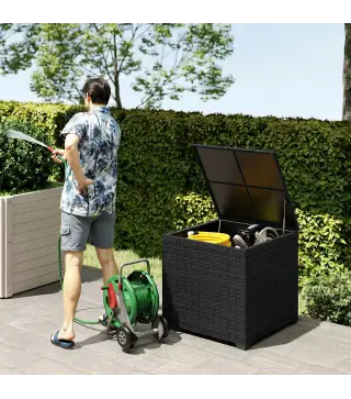 Baúl de Almacenaje Exterior de Ratán de 253L con Varilla Hidráulica Forro con Cremallera y Marco de Acero Negro