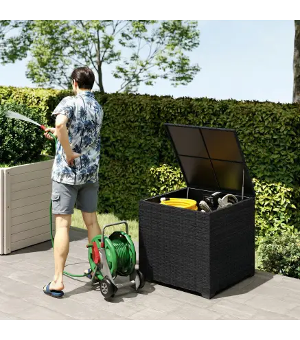 Baúl de Almacenaje Exterior de Ratán de 253L con Varilla Hidráulica Forro con Cremallera y Marco de Acero Negro