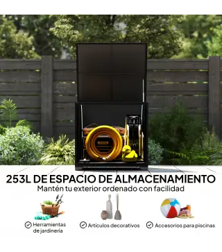 Baúl de Almacenaje Exterior de Ratán de 253L con Varilla Hidráulica Forro con Cremallera y Marco de Acero Negro