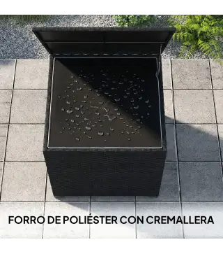 Baúl de Almacenaje Exterior de Ratán de 253L con Varilla Hidráulica Forro con Cremallera y Marco de Acero Negro