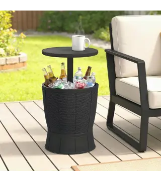 Mesa Nevera para Exterior 41 L 3 en 1 Cool Bar Mesa Auxiliar con Altura Ajustable Cubo de Hielo Tapa Elevable Negro