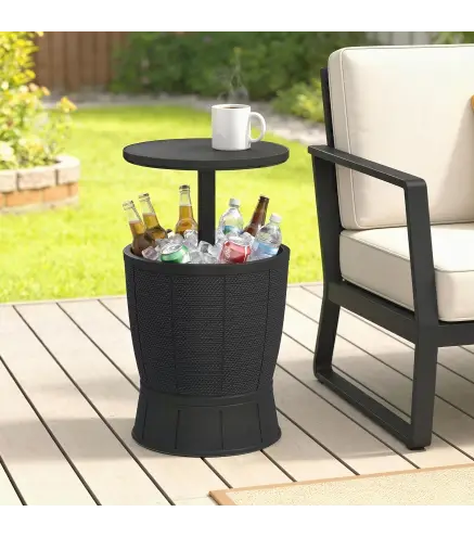 Mesa Nevera para Exterior 41 L 3 en 1 Cool Bar Mesa Auxiliar con Altura Ajustable Cubo de Hielo Tapa Elevable Negro