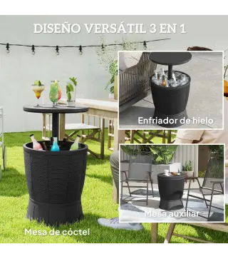 Mesa Nevera para Exterior 41 L 3 en 1 Cool Bar Mesa Auxiliar con Altura Ajustable Cubo de Hielo Tapa Elevable Negro