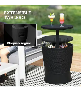 Mesa Nevera para Exterior 41 L 3 en 1 Cool Bar Mesa Auxiliar con Altura Ajustable Cubo de Hielo Tapa Elevable Negro
