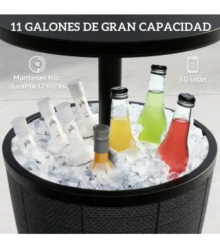 Mesa Nevera para Exterior 41 L 3 en 1 Cool Bar Mesa Auxiliar con Altura Ajustable Cubo de Hielo Tapa Elevable Negro