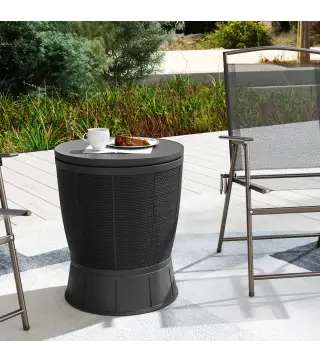 Mesa Nevera para Exterior 41 L 3 en 1 Cool Bar Mesa Auxiliar con Altura Ajustable Cubo de Hielo Tapa Elevable Negro