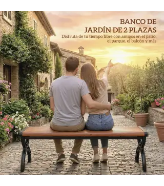 Banco de Jardín Exterior de 2 Plazas Banco Exterior con Estructura Metálica y Asiento Listonado 124x39x39 cm Marrón