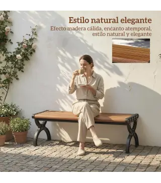 Banco de Jardín Exterior de 2 Plazas Banco Exterior con Estructura Metálica y Asiento Listonado 124x39x39 cm Marrón