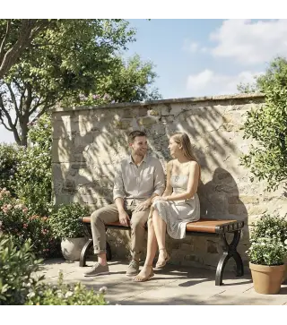 Banco de Jardín Exterior de 2 Plazas Banco Exterior con Estructura Metálica y Asiento Listonado 124x39x39 cm Marrón