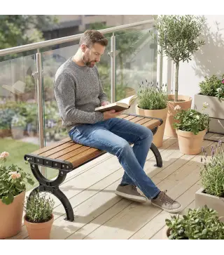 Banco de Jardín Exterior de 2 Plazas Banco Exterior con Estructura Metálica y Asiento Listonado 124x39x39 cm Marrón