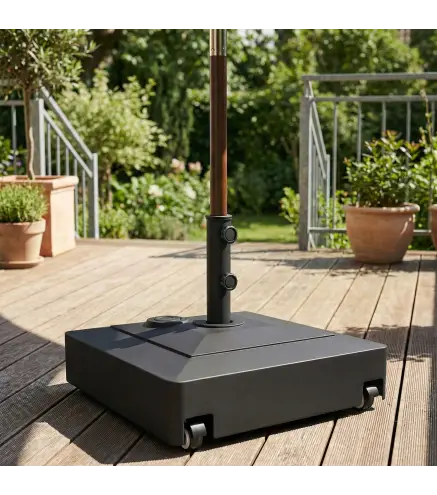 Base para Sombrilla Cuadrada con Ruedas para Sombrilla de Postes Ø35/38/48 mm, Rellenable Arena 61kg o Agua 40kg Negro