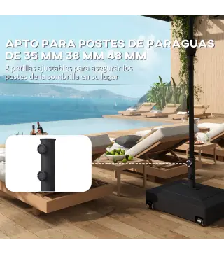 Base para Sombrilla Cuadrada con Ruedas para Sombrilla de Postes Ø35/38/48 mm, Rellenable Arena 61kg o Agua 40kg Negro