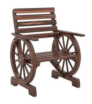 Silla de Jardín de Madera con Brazos de Rueda de Carreta Asiento Ancho con Listones y Respaldo Inclinado Carbonizado