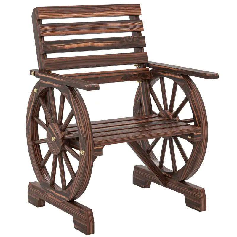 Silla de Jardín de Madera con Brazos de Rueda de Carreta Asiento Ancho con Listones y Respaldo Inclinado Carbonizado