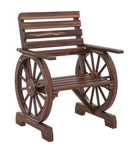 Silla de Jardín de Madera con Brazos de Rueda de Carreta Asiento Ancho con Listones y Respaldo Inclinado Carbonizado