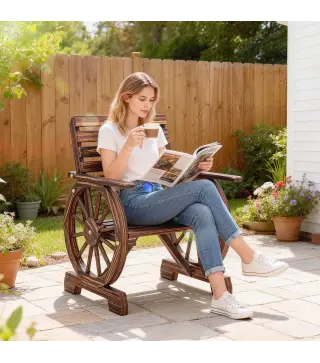 Silla de Jardín de Madera con Brazos de Rueda de Carreta Asiento Ancho con Listones y Respaldo Inclinado Carbonizado