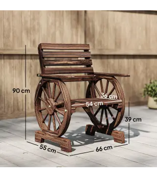 Silla de Jardín de Madera con Brazos de Rueda de Carreta Asiento Ancho con Listones y Respaldo Inclinado Carbonizado