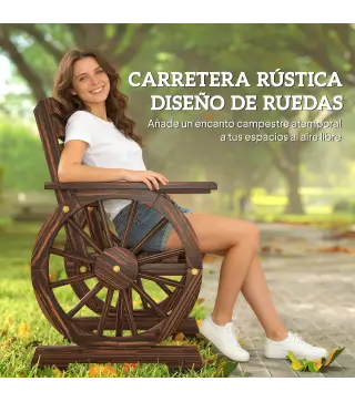 Silla de Jardín de Madera con Brazos de Rueda de Carreta Asiento Ancho con Listones y Respaldo Inclinado Carbonizado