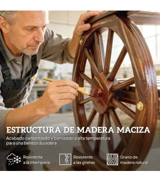 Silla de Jardín de Madera con Brazos de Rueda de Carreta Asiento Ancho con Listones y Respaldo Inclinado Carbonizado