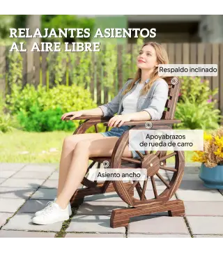 Silla de Jardín de Madera con Brazos de Rueda de Carreta Asiento Ancho con Listones y Respaldo Inclinado Carbonizado