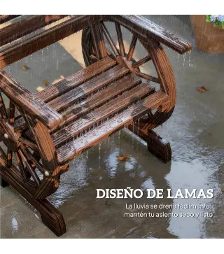 Silla de Jardín de Madera con Brazos de Rueda de Carreta Asiento Ancho con Listones y Respaldo Inclinado Carbonizado