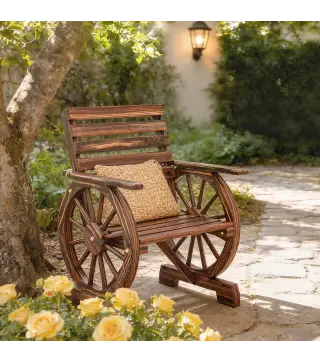 Silla de Jardín de Madera con Brazos de Rueda de Carreta Asiento Ancho con Listones y Respaldo Inclinado Carbonizado