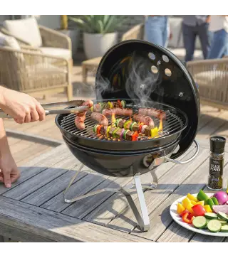 Barbacoa de Carbón Portátil Barbacoa de Carbón Redonda Tapa con Soporte Rejilla Ventilación Ajustable Ø41x44 cm Negro