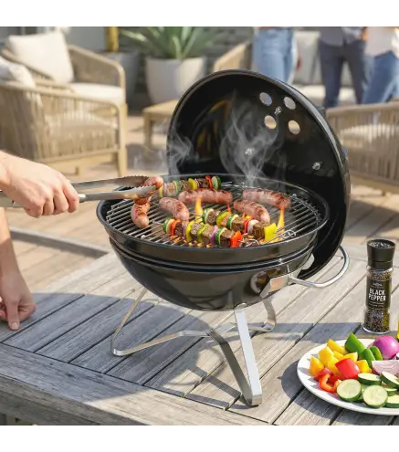 Barbacoa de Carbón Portátil Barbacoa de Carbón Redonda Tapa con Soporte Rejilla Ventilación Ajustable Ø41x44 cm Negro