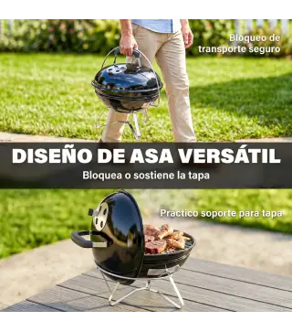 Barbacoa de Carbón Portátil Barbacoa de Carbón Redonda Tapa con Soporte Rejilla Ventilación Ajustable Ø41x44 cm Negro