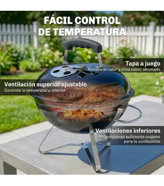 Barbacoa de Carbón Portátil Barbacoa de Carbón Redonda Tapa con Soporte Rejilla Ventilación Ajustable Ø41x44 cm Negro