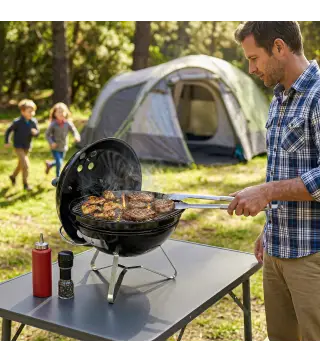 Barbacoa de Carbón Portátil Barbacoa de Carbón Redonda Tapa con Soporte Rejilla Ventilación Ajustable Ø41x44 cm Negro